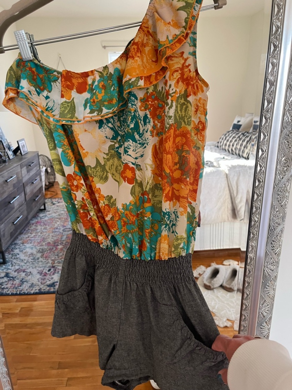Love Culture Cream Romper with Teal, Orange & Green Floral Print